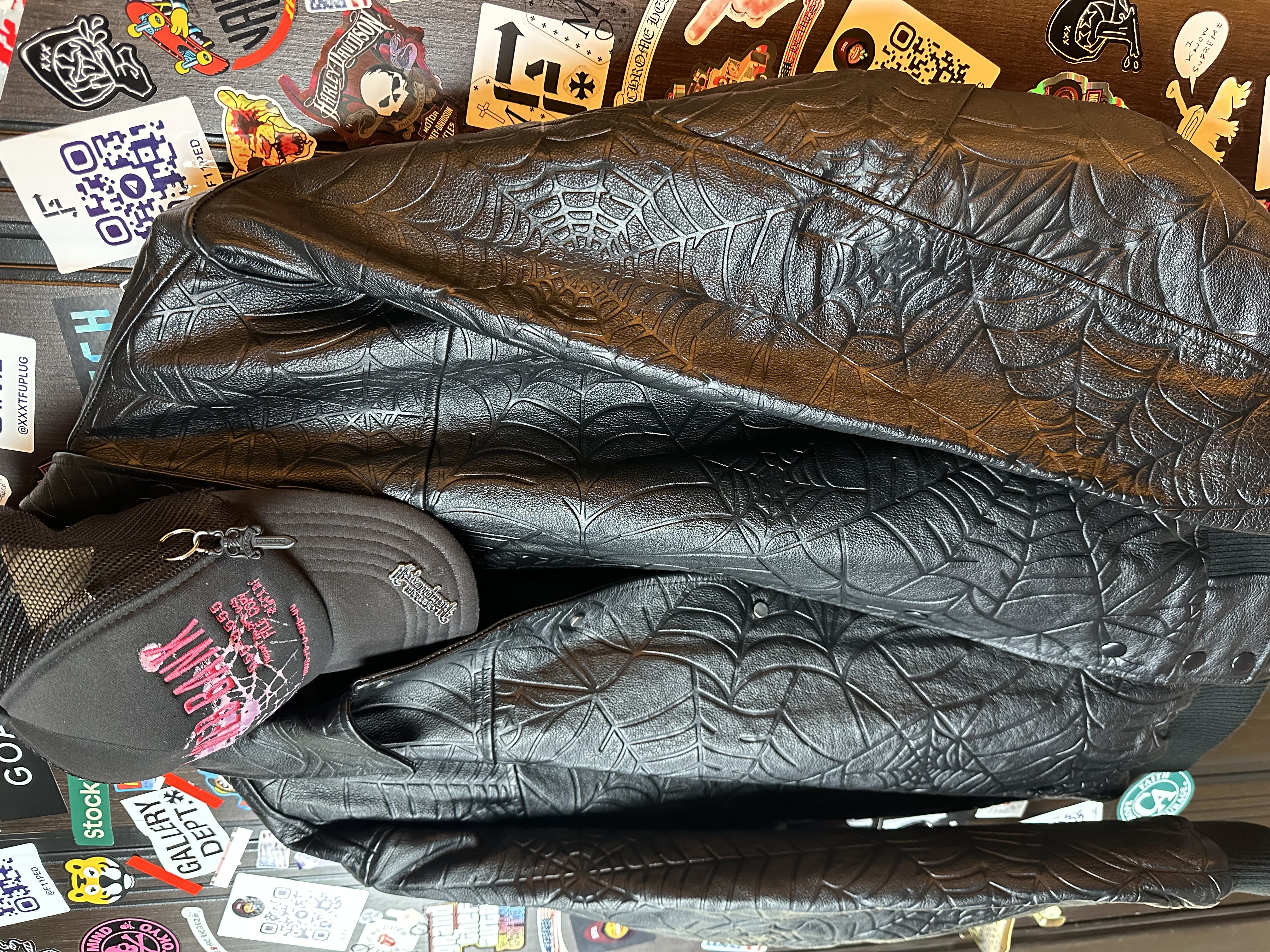 Sp5der Sp5der Web Debossed Leather Jacket L